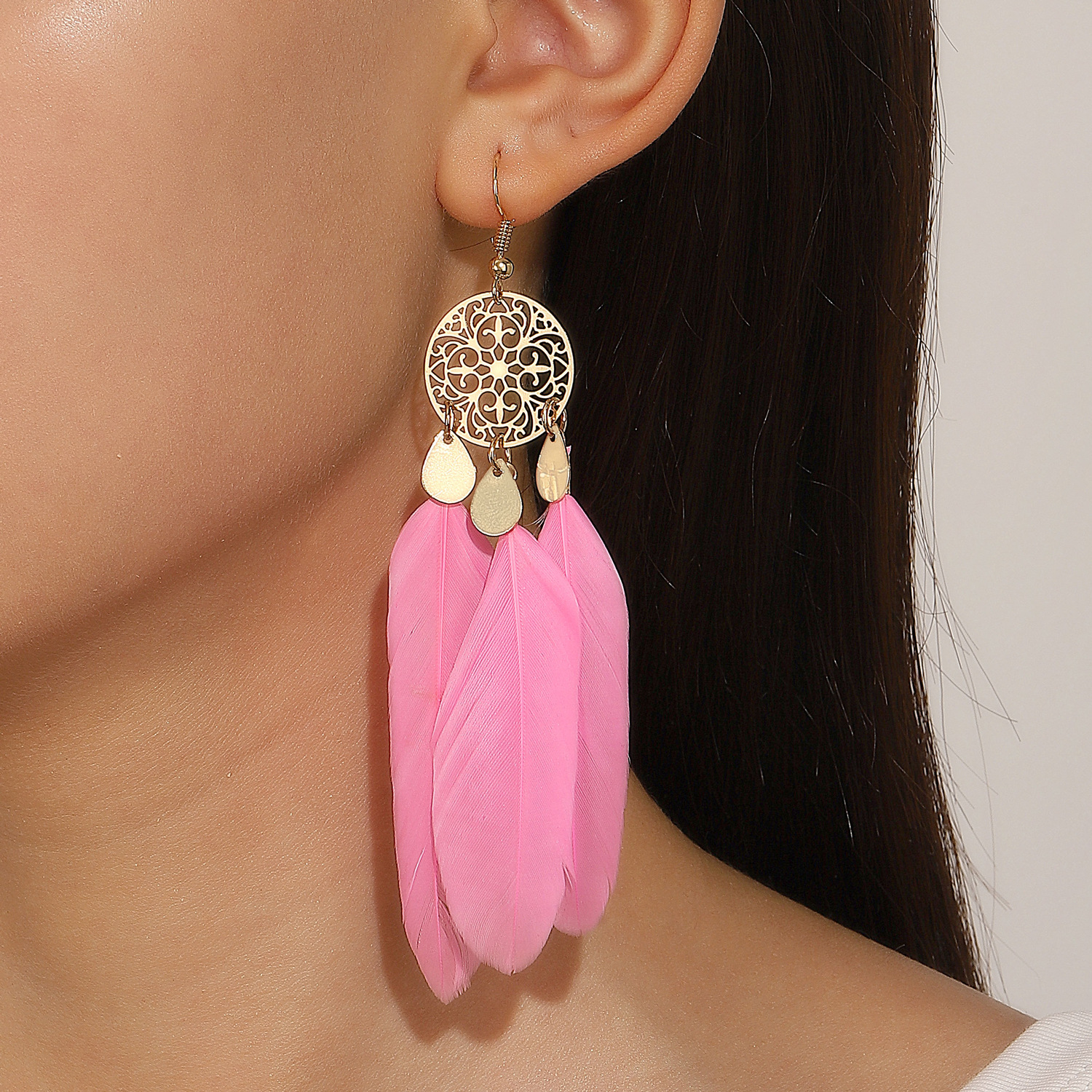 Ethnic Fashion Trend - Exotic Bohemian Pink Feather Tassel Earrings